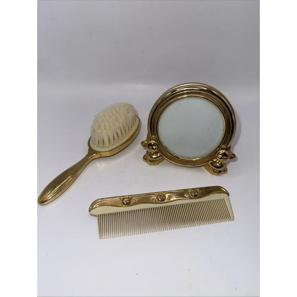 Vintage Silver-Plated Baby Gift Set, Teddy Bear Frame, Brush and Comb